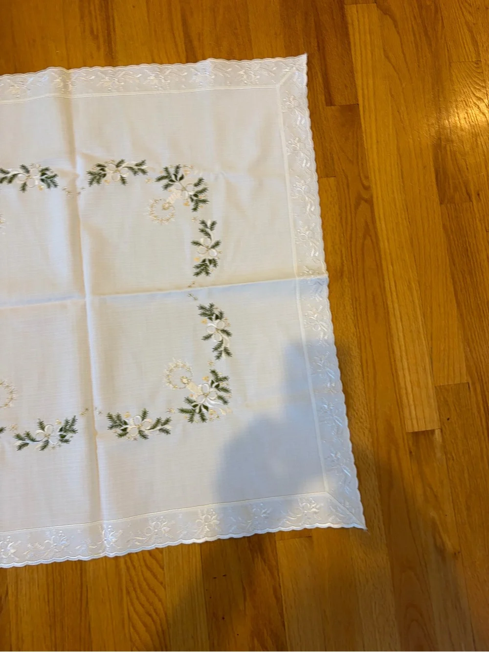Embroidered White Square Tablecloth with Green Floral Design